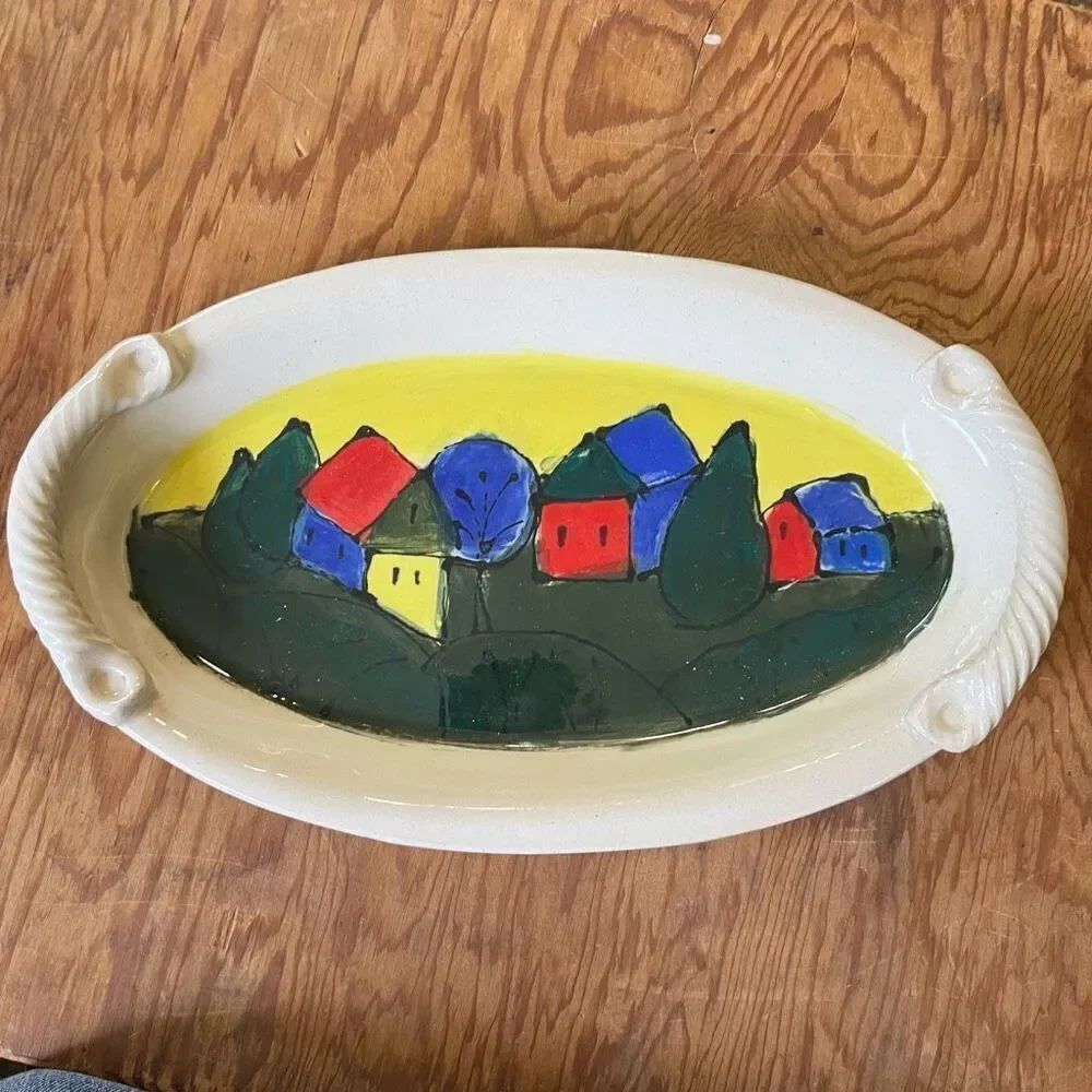 Handmade Folk Art Pottery Tray Village Scene Oval Catchall 12”